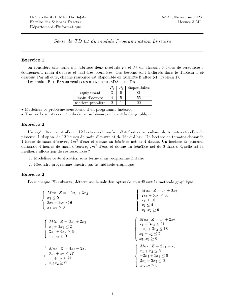Programmation Linéaire : Exercices et Solutions | PDF | Optimisation ...