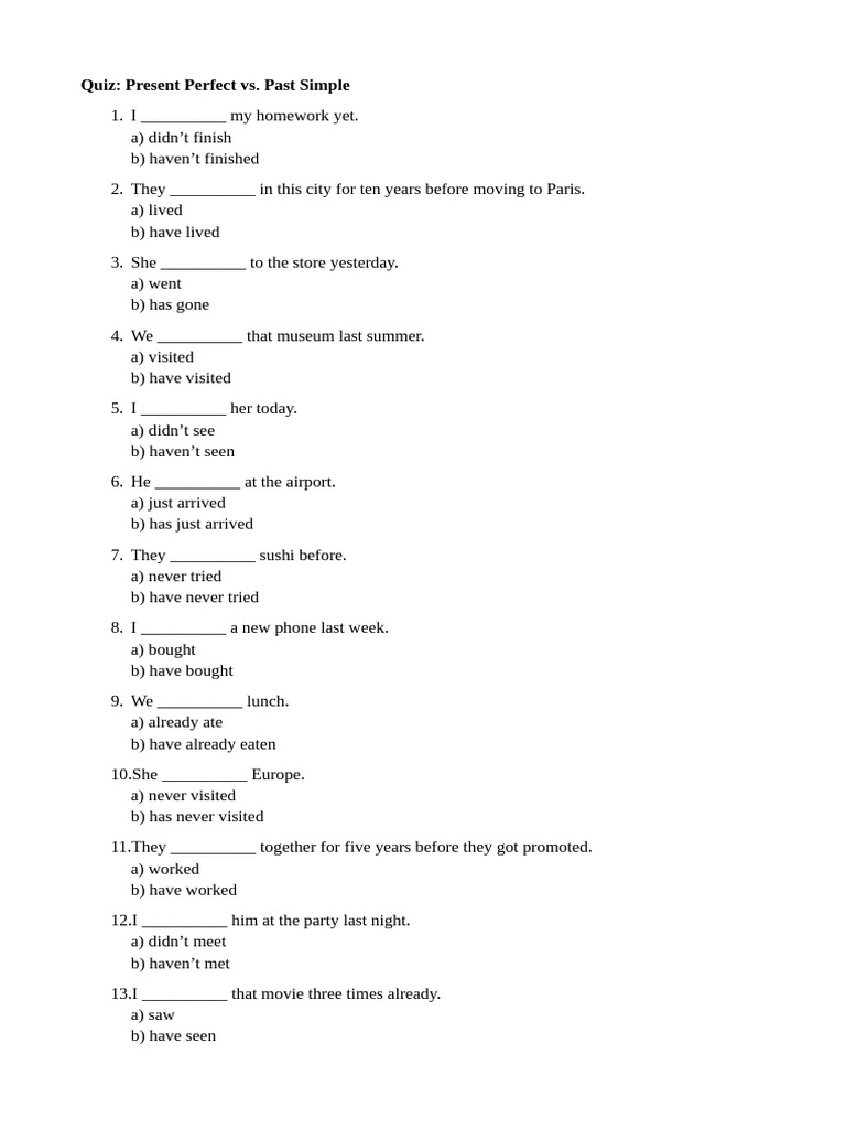 Quiz Present Perfect and Past Simple | PDF