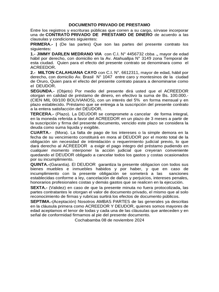 Contrato Privado de Préstamo de Dinero | PDF | Pagos