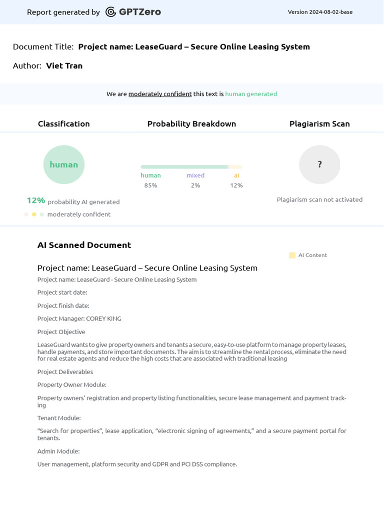 GPTZero AI Scan - Project Name - LeaseGuard - Secure Online Leasing ...