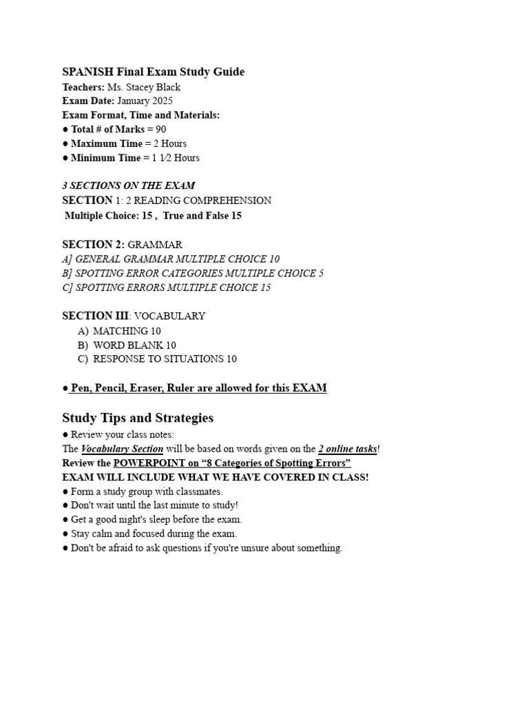 Spanish Exam Study Guide 2025 | PDF