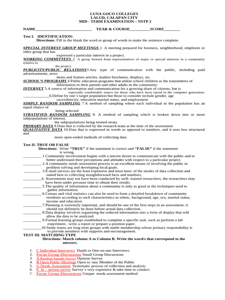 NSTP 2 Mid-Term Exam Overview | PDF | Survey Methodology | Sampling ...