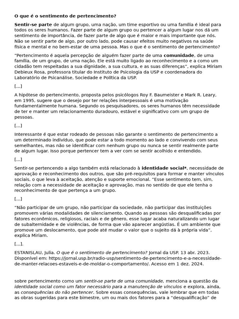 O Sentimento de Pertencimento e Suas Implicações | PDF | Psicologia ...