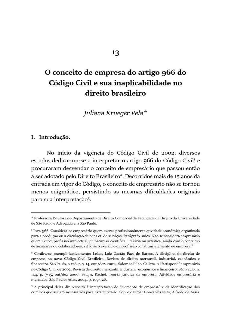 PELA, Juliana Krueger. O conceito de empresa do artigo 966 do Código ...