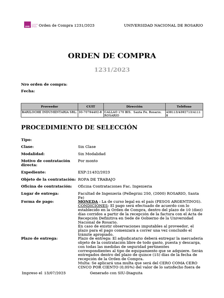 Ficha - Orden - de - Compra - 1231-2023 BARILOCHE | PDF | Ropa