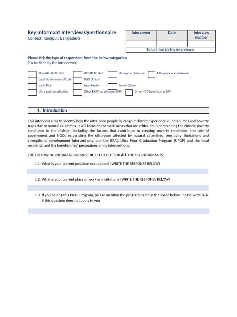 Rangpur Ultra-Poor Interview Guide | PDF | Non Governmental ...