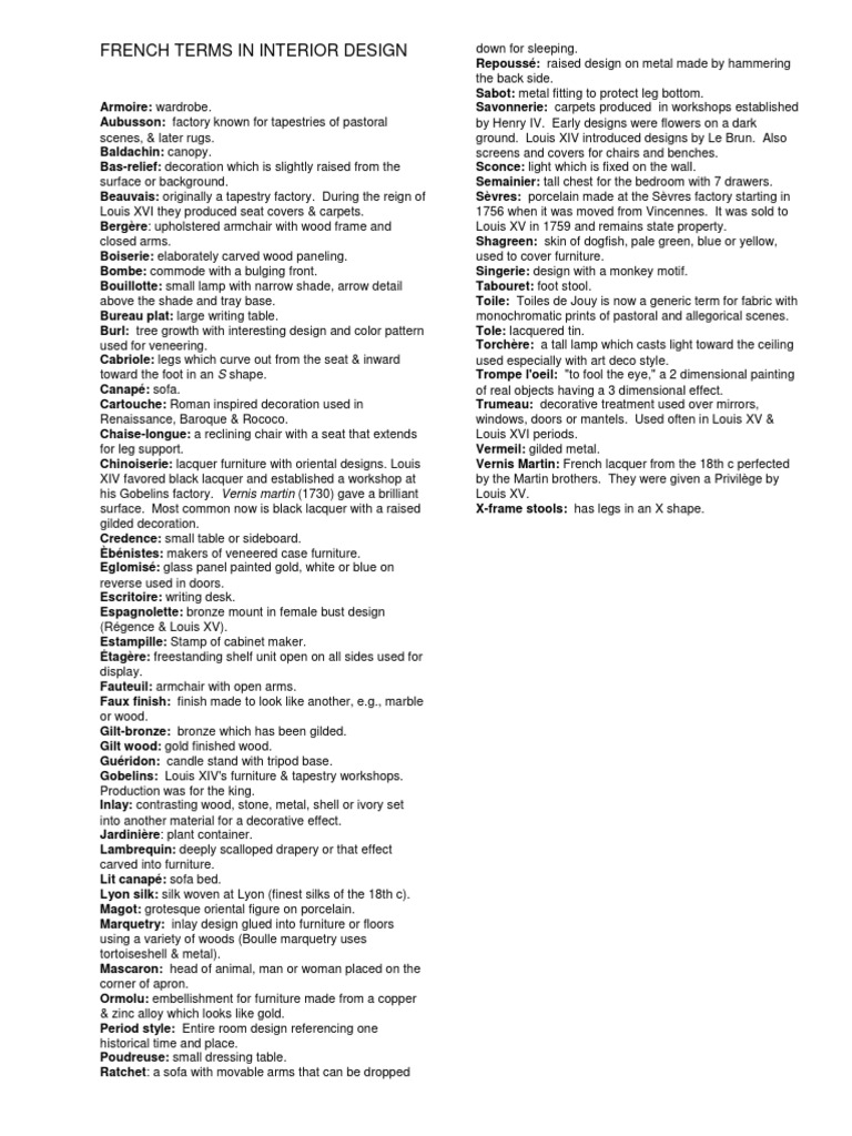 French Vocabulary for Interior Design | PDF | Furniture | Chair