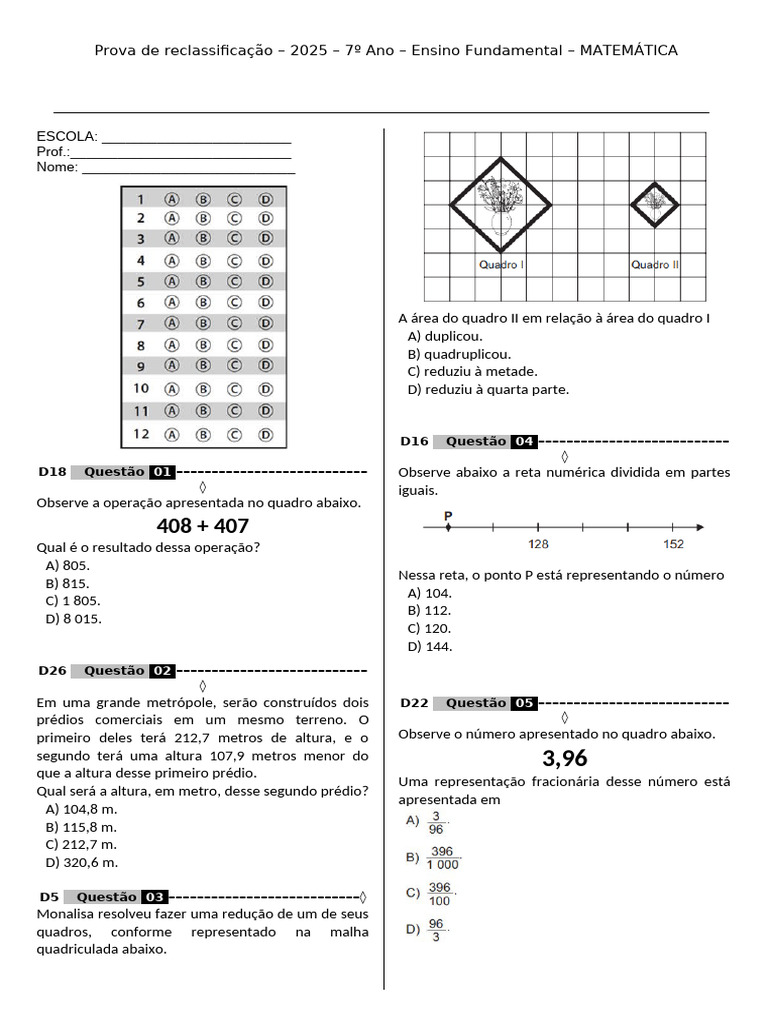 Prova de Reclassificação 2025 - Matemática | PDF | Conceitos ...