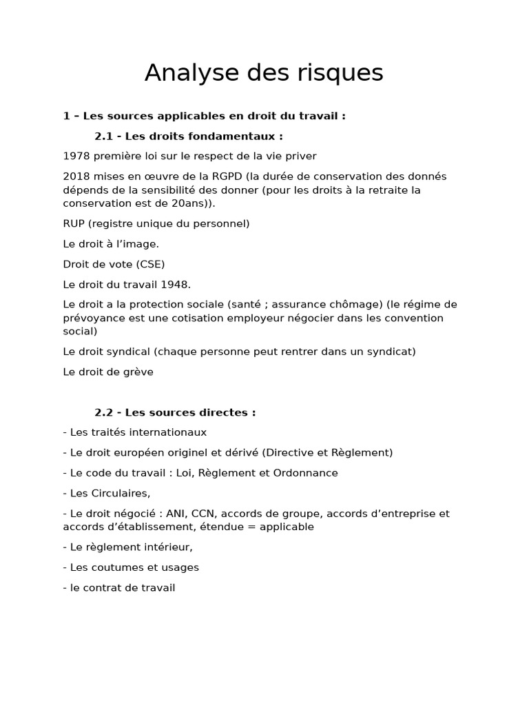 Analyse des risques en droit du travail | PDF | Travail | Relations ...