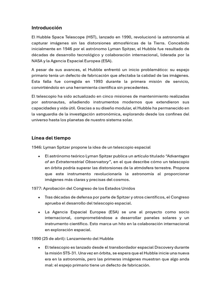 Historia y logros del Telescopio Hubble | PDF | telescopio espacial ...