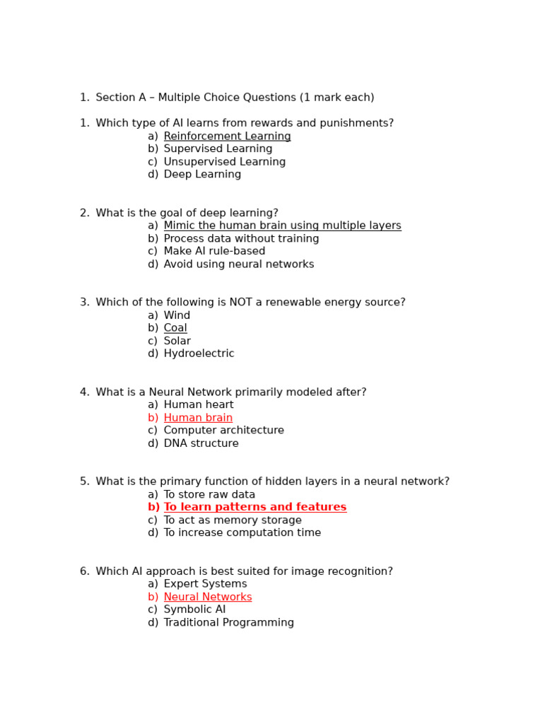 AI and Neural Networks Quiz Questions | PDF | Artificial Intelligence ...