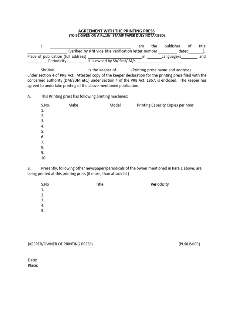 Printing Press Agreement Template | PDF