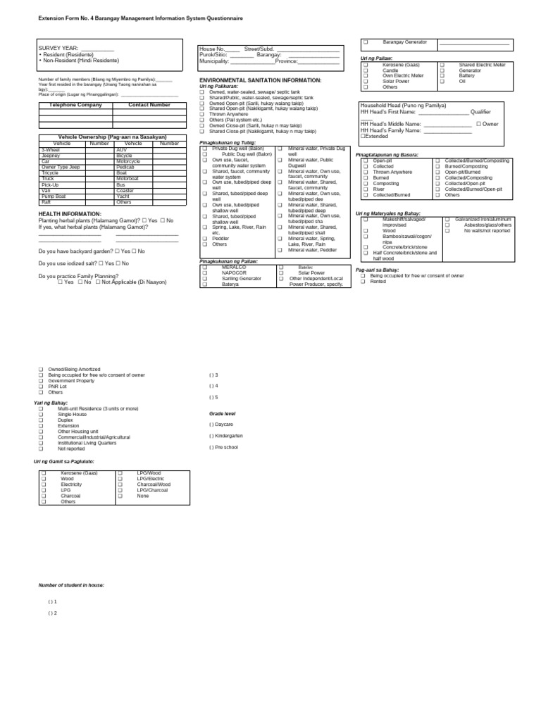 Barangay Needs Assessment Questionnaire Pdf