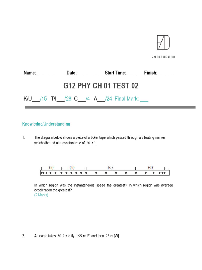 G12 Physics Chapter 1 Test 2 Questions | PDF | Acceleration | Speed
