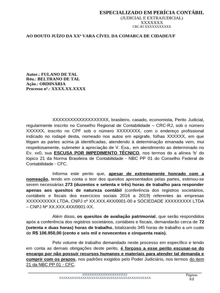 Escusa de Perito Contábil Judicial | PDF | Contabilidade