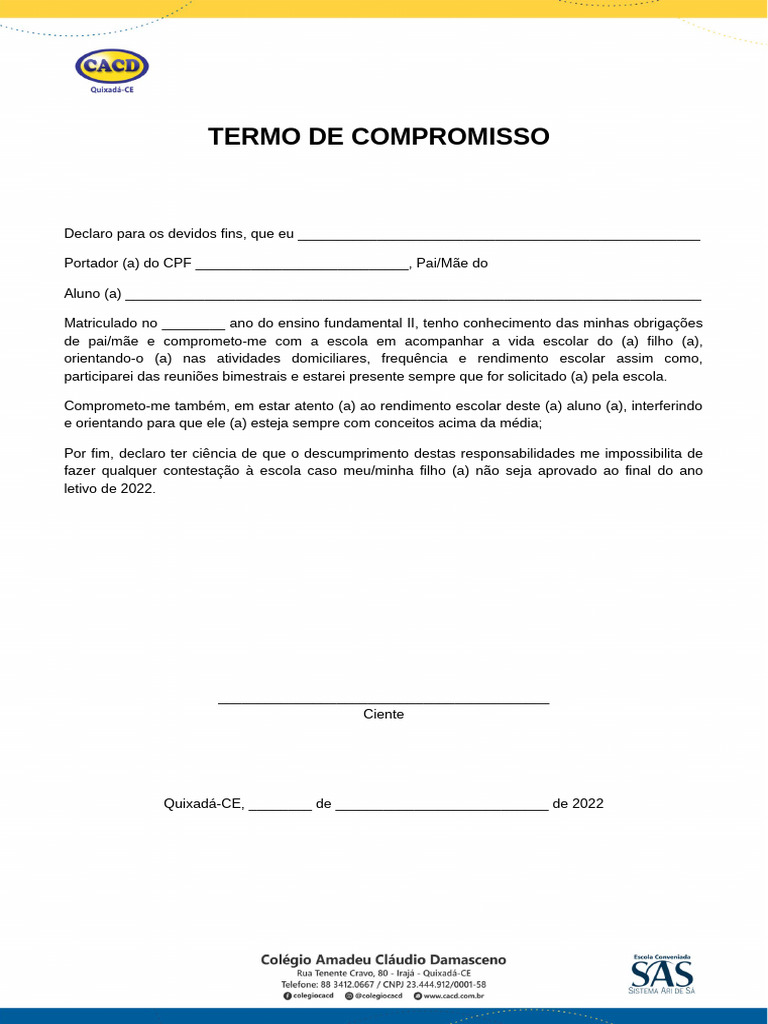 Termo de Compromisso Escolar dos Pais | PDF