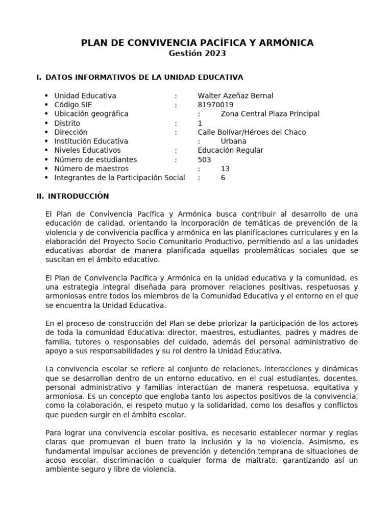 Plan de Convivencia Escolar 2023 | PDF | Violencia | Tolerancia