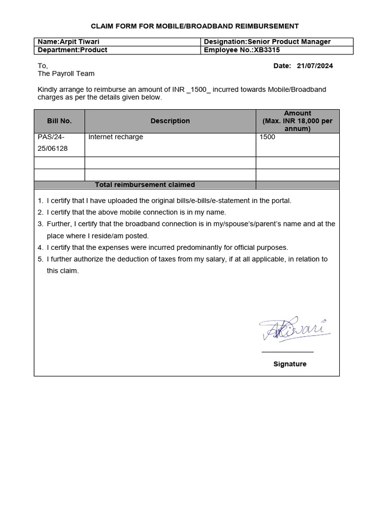 Mobile/Broadband Reimbursement Claim Form | PDF | Public Finance | Taxes
