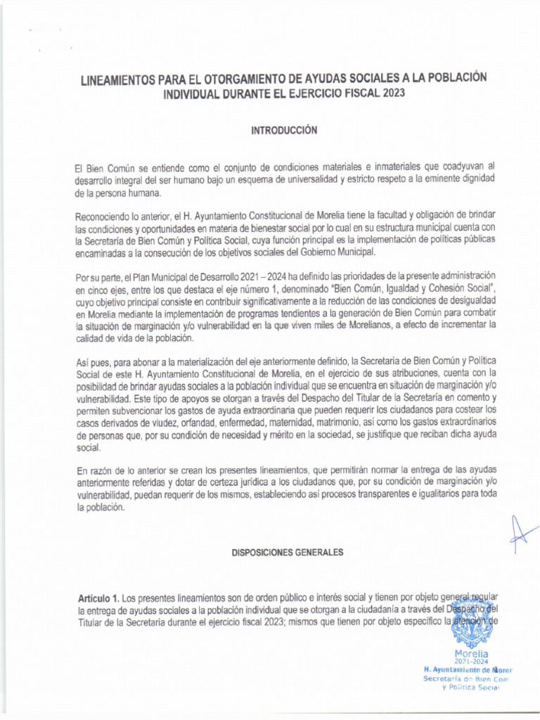 Lineamientos para El Otorgamiento de Ayudas Sociales A La Poblacion ...