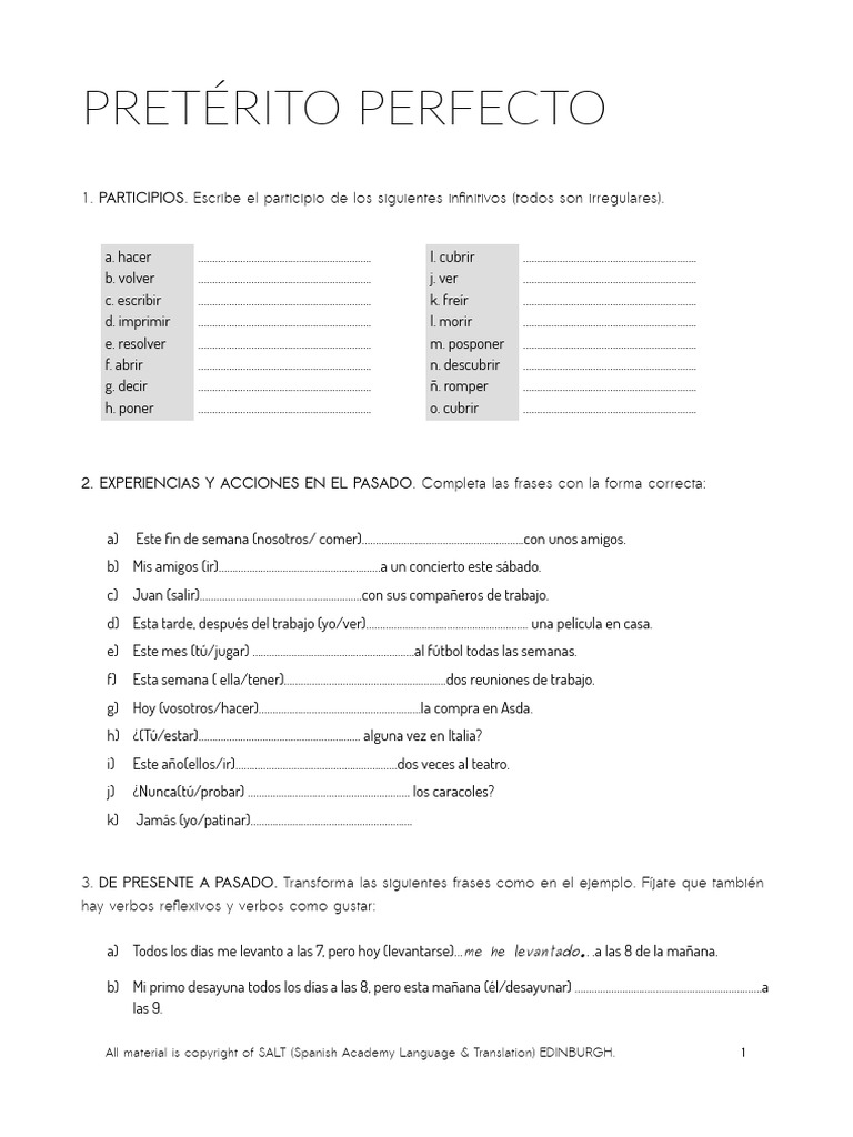 Ejercicios de Pretérito Perfecto en Español | PDF