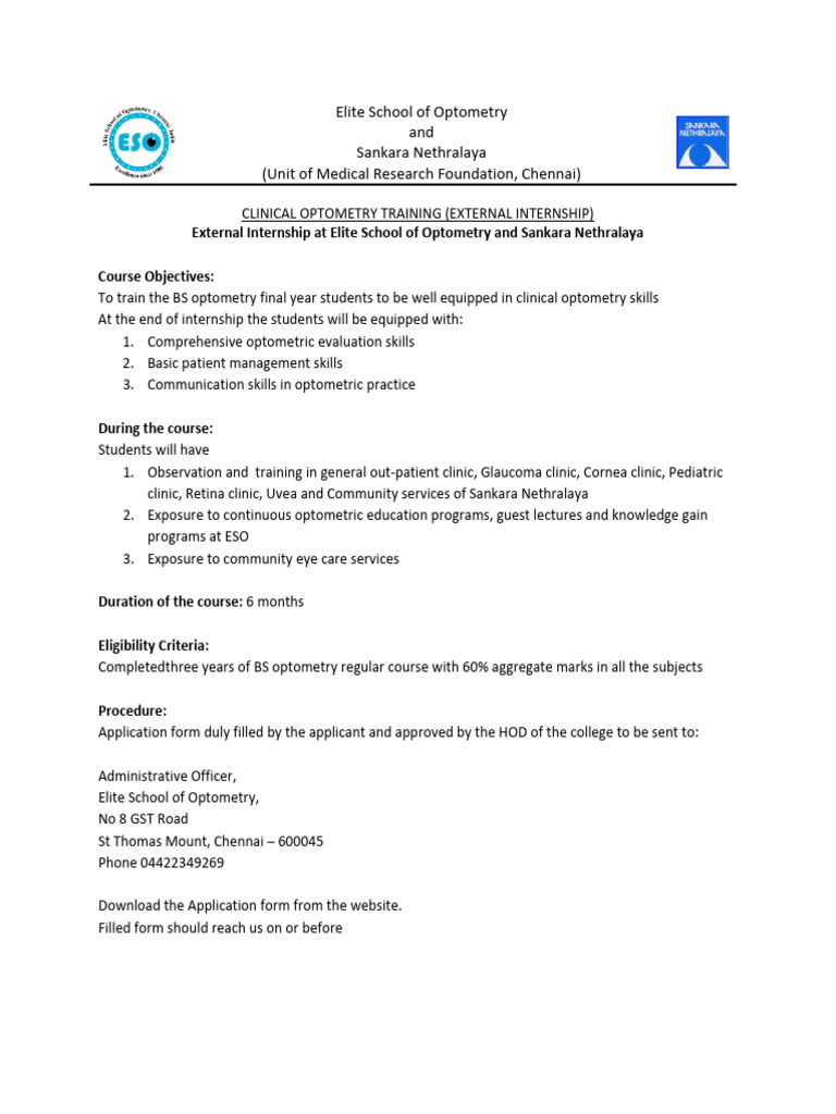 Optometry Internship at Sankara Nethralaya | PDF | Optometry | Health Care
