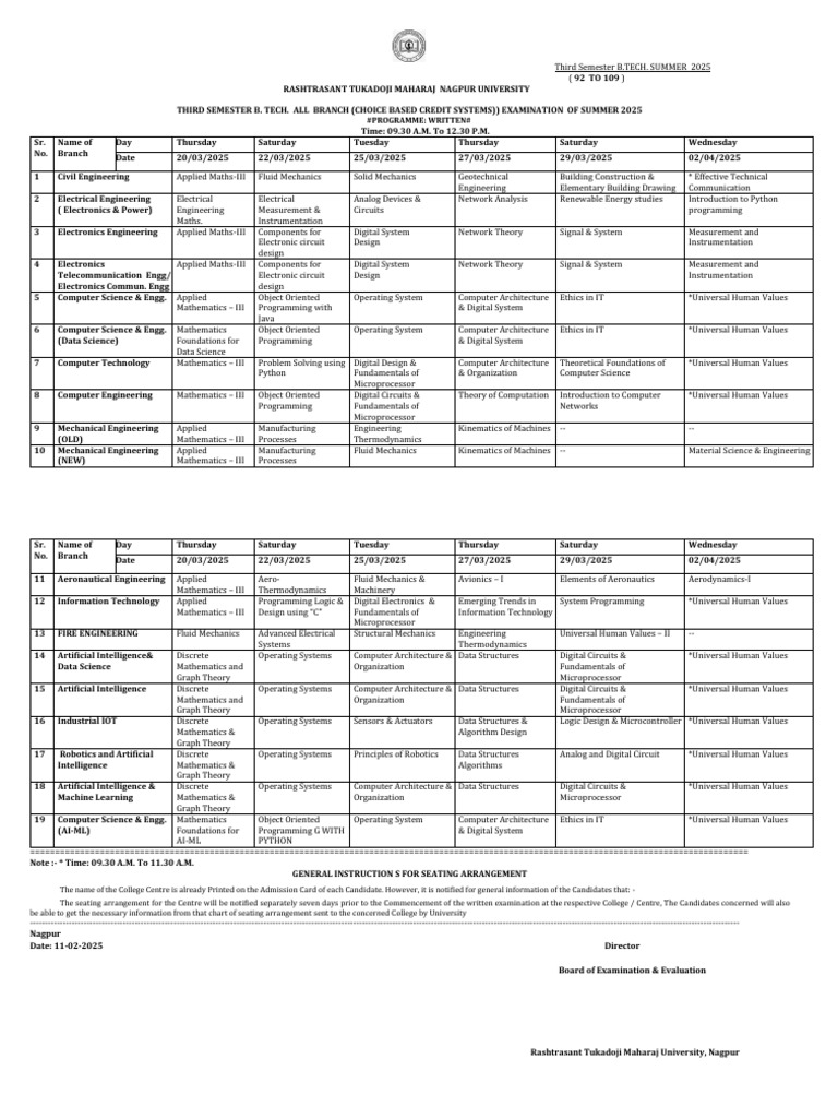 B.Tech Third Semester Exam Schedule 2025 | PDF | Engineering | Computer ...