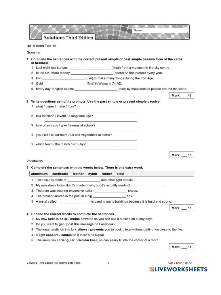Unit 9 Short Test 1A | PDF