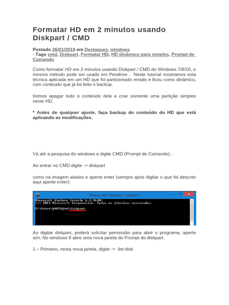 Formatar HD Rápido com Diskpart CMD | PDF