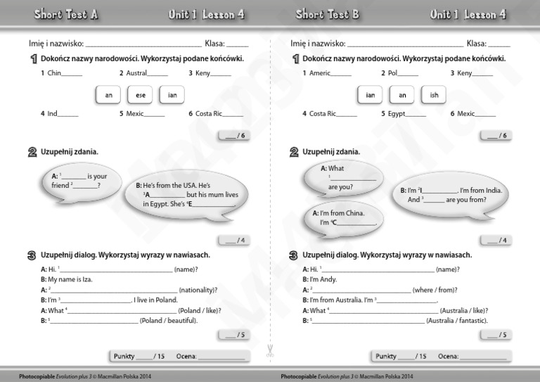 Short Tests Unit 1 Lesson 4 | PDF