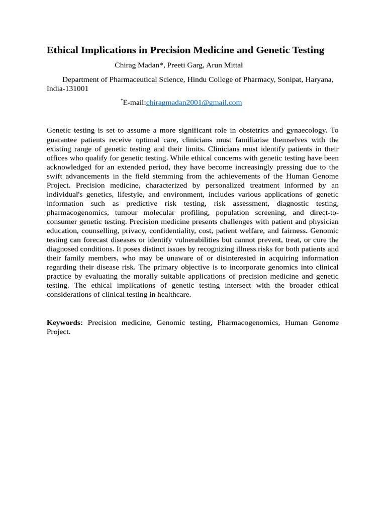 Ethical Implications in Precision Medicine and Genetic Testing | PDF