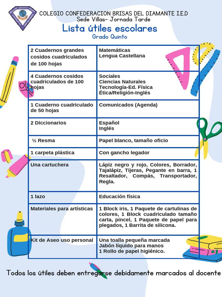 Lista de Útiles para Quinto Grado | PDF
