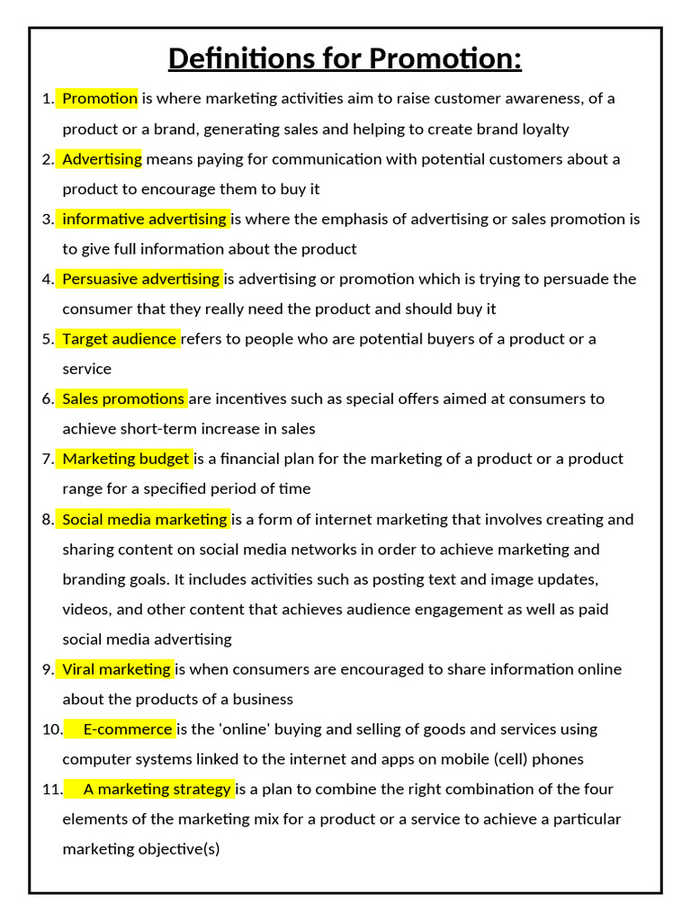 Definitions For Promotion | PDF