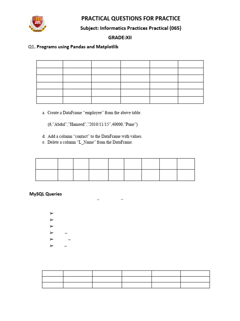 Informatics Practices Practical Questions | PDF | Table (Database ...