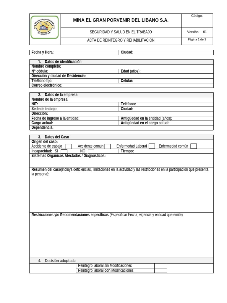 Acta de Reintegro y Rehabilitación | PDF | Seguridad y salud ocupacional