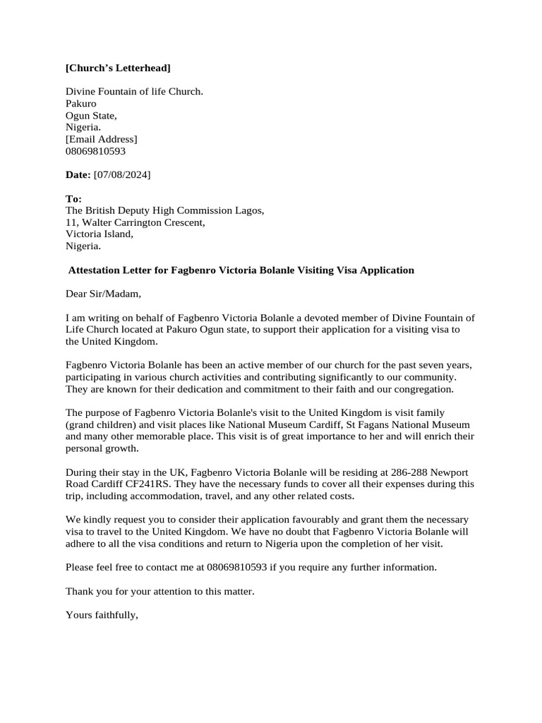 Church Attestation Letter for Visa | PDF