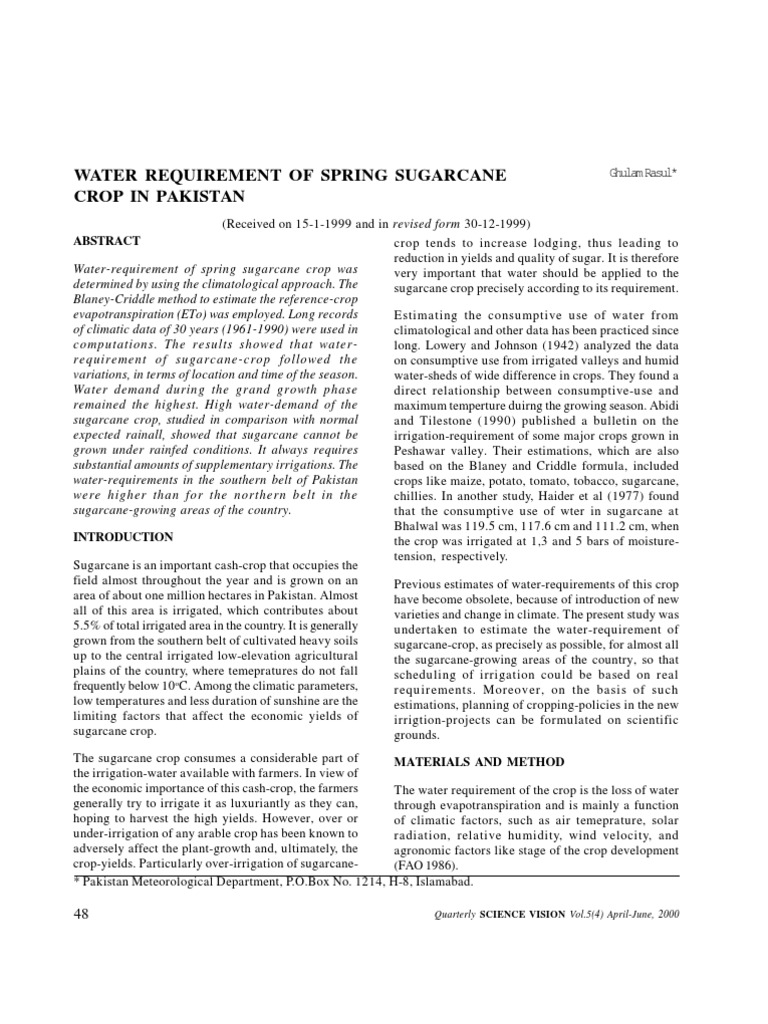 Water Requirement of Spring Sugarcane Crop in Pakistan