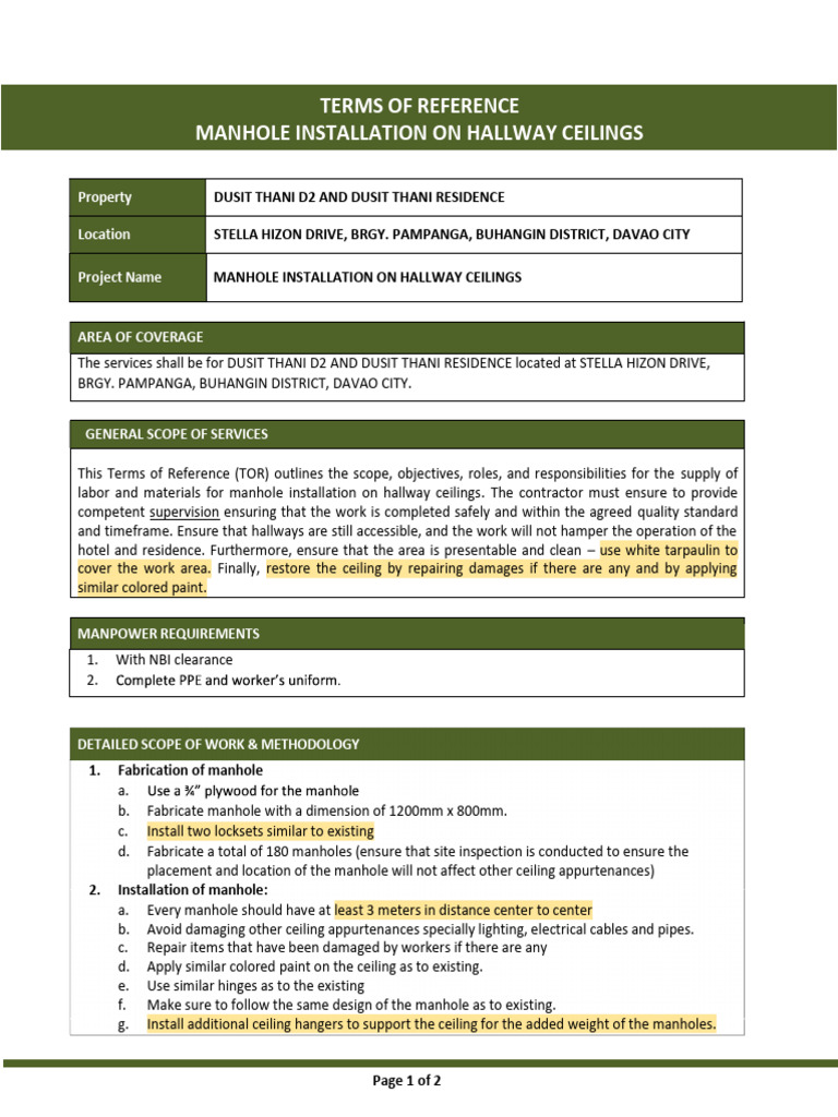 Manhole Installation Terms of Reference | PDF