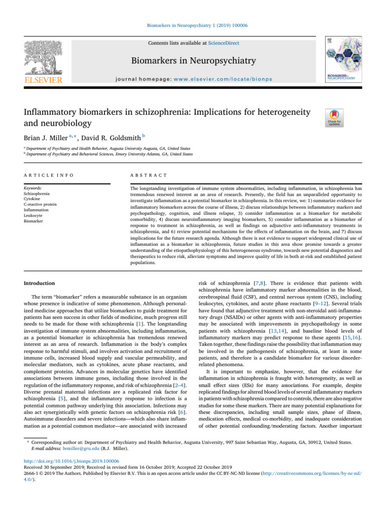1 s2.0 S2666144619300061 Main | PDF | Schizophrenia | Inflammation