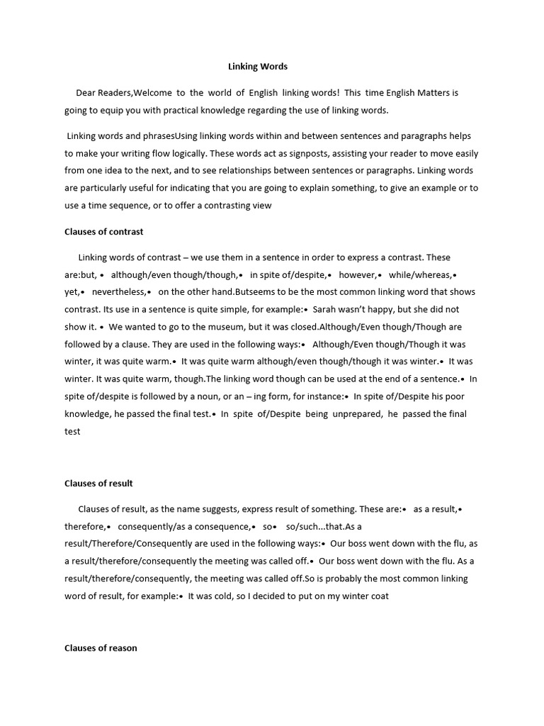 Essential Linking Words for Writing | PDF | Sentence (Linguistics ...