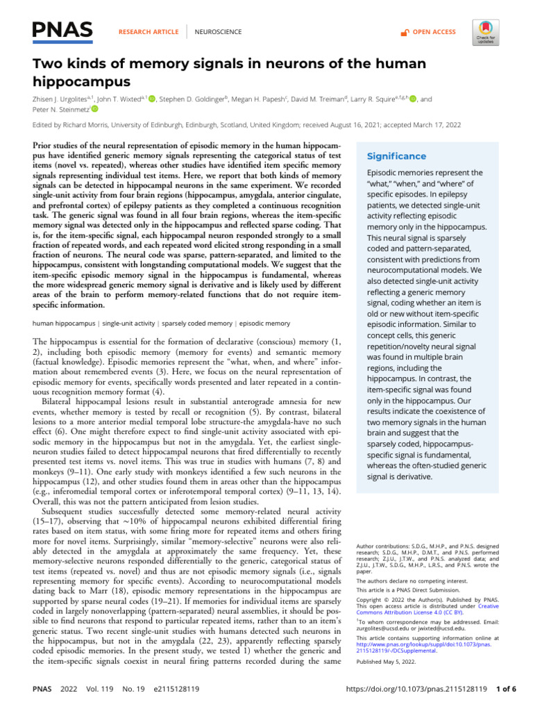 2022, Two Kinds of Memory Signals in Neurons of The Human Hippocampus ...