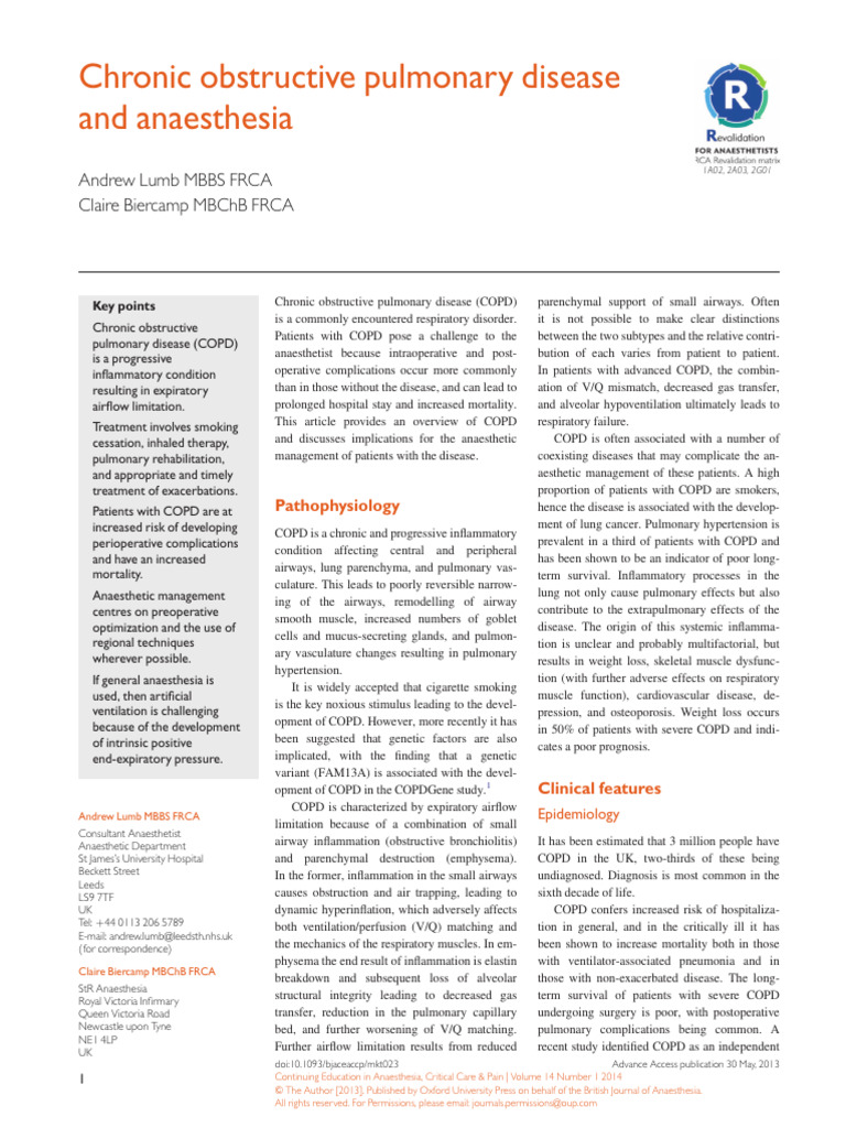 Chronic Obstructive Pulmonary Disease and Anaesthe | PDF | Chronic ...