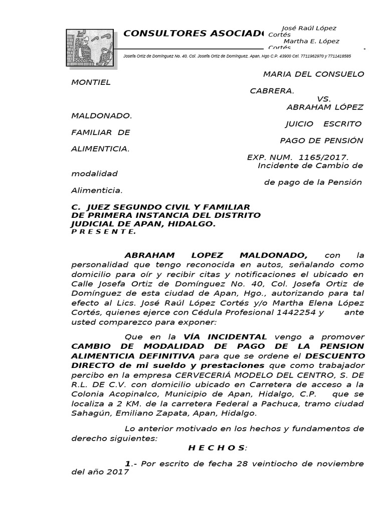 Pcin Incidente P Cambio de Modalidad de Pago D Pensión Alimenticia Exp ...