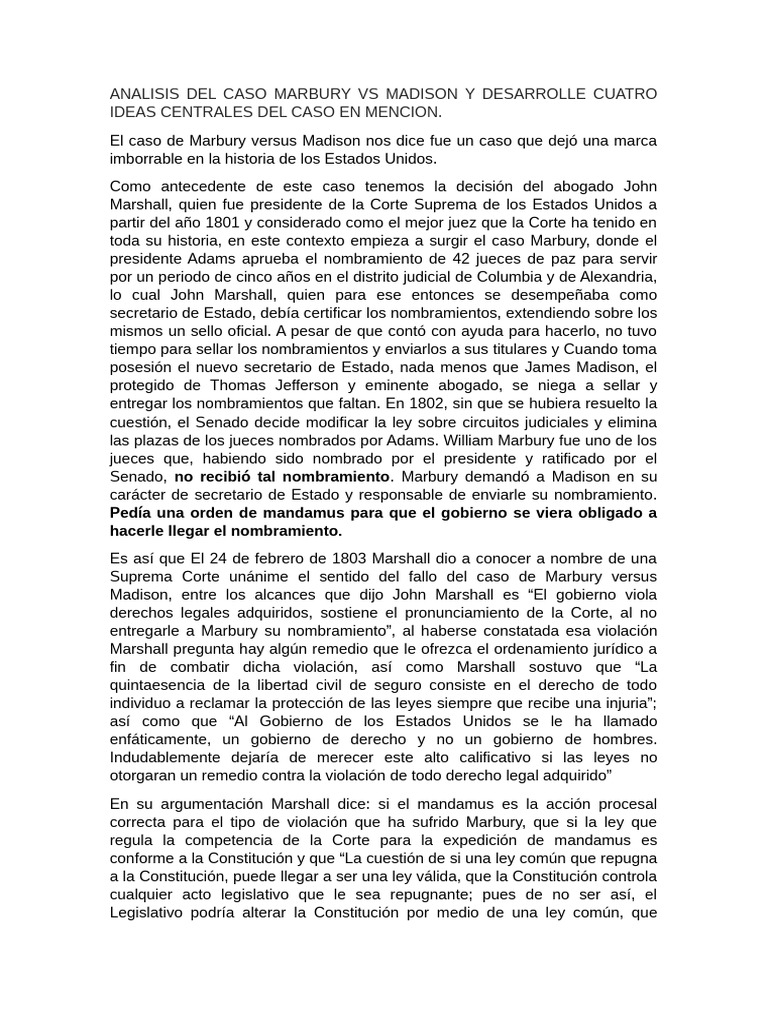 Analisis Del Caso Marbury Vs Madison | PDF | Constitución | Marbury V ...
