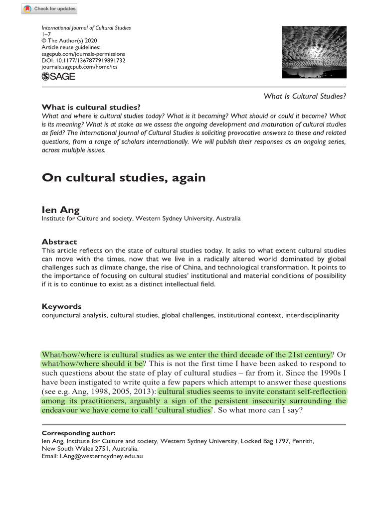The Evolution of Cultural Studies Today | PDF | Cultural Studies ...