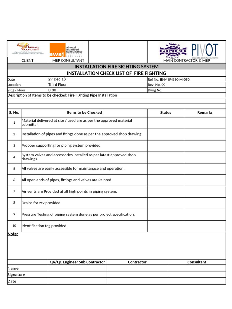 Fire Fighting System Installation Checklist | PDF