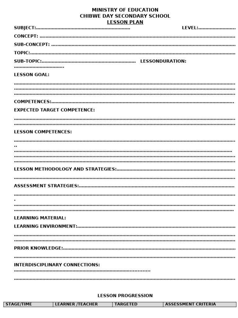 Chibwe Day Secondary School Lesson Plan | PDF | Learning | Cognition