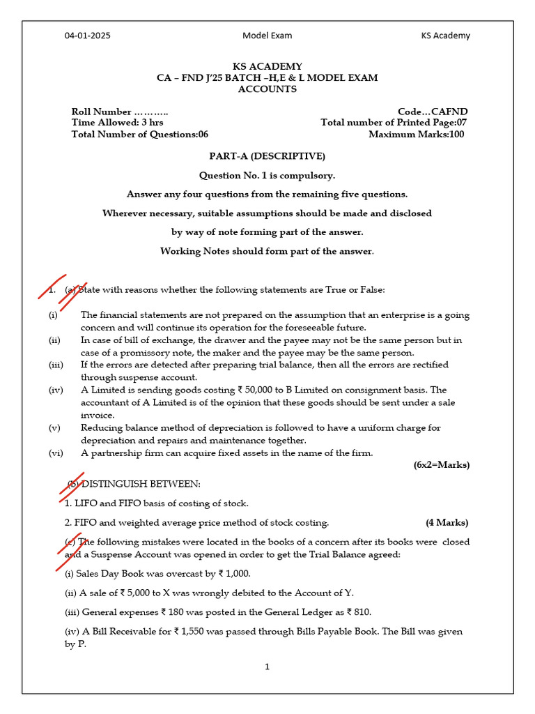 KS Academy CA FND J'25 Model Exam | PDF | Expense | Debits And Credits