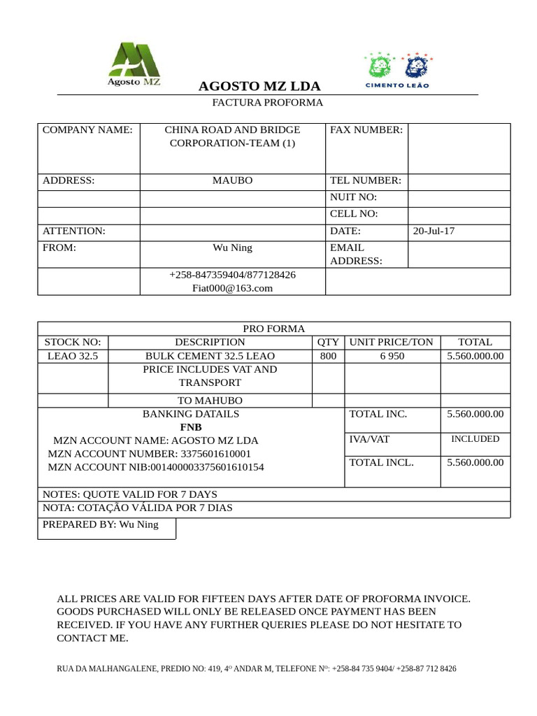 Proforma Invoice for Bulk Cement Purchase | PDF
