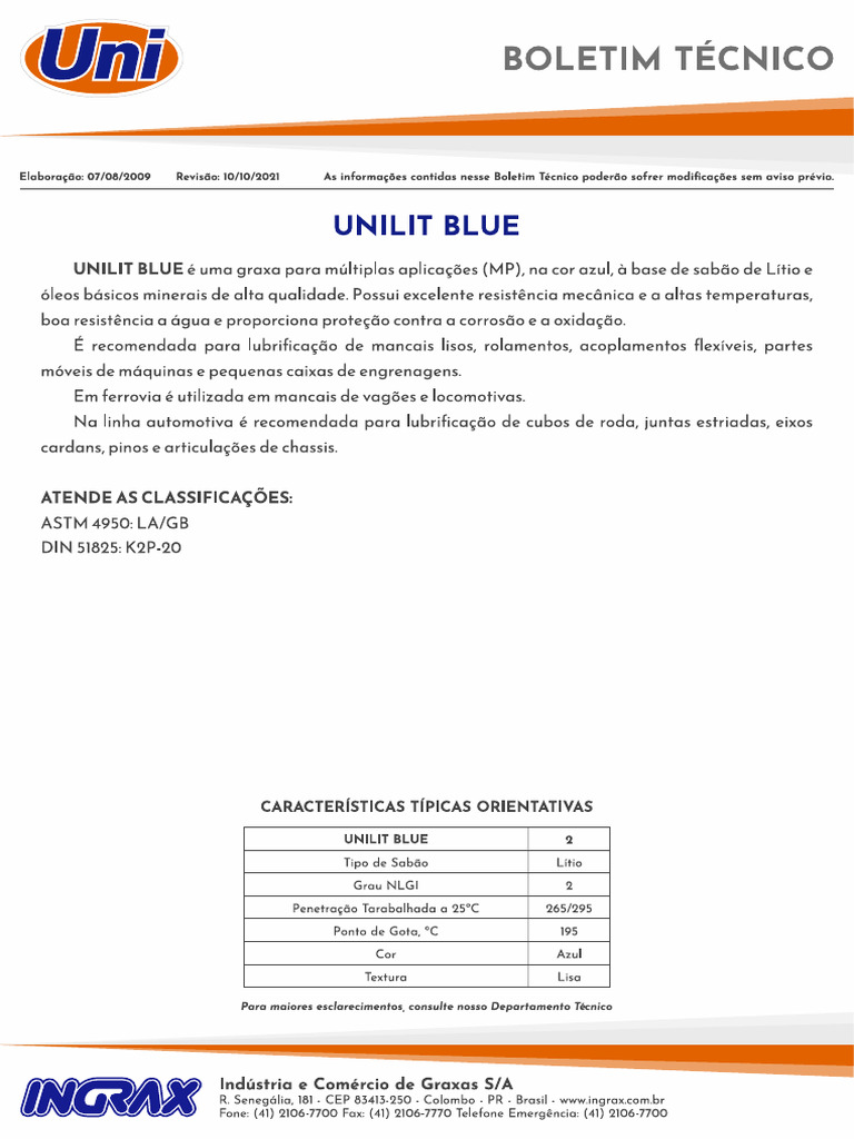Unilit Blue Boletim Tecnico 1721320179 | PDF