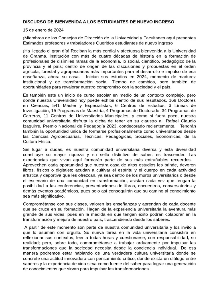 Discurso de Bienvenida A Los Estudiantes de Nuevo Ingreso | PDF ...